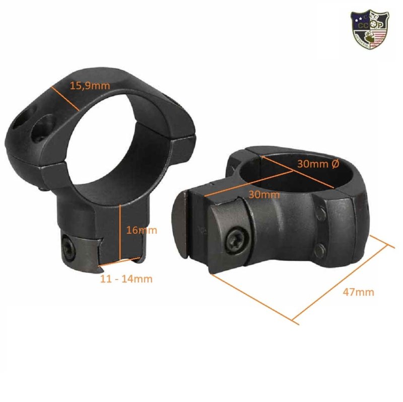 Hohe Zielfernrohr-Montage-Ringe aus Stahl mit 30mm Ø für 11-14mm Prismenschiene